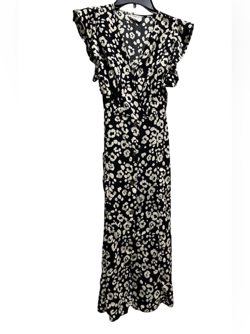 Sienna Sky Black Cream Leopard Print Flutter Sleeve Midi Dress Small - Picture 2 of 6